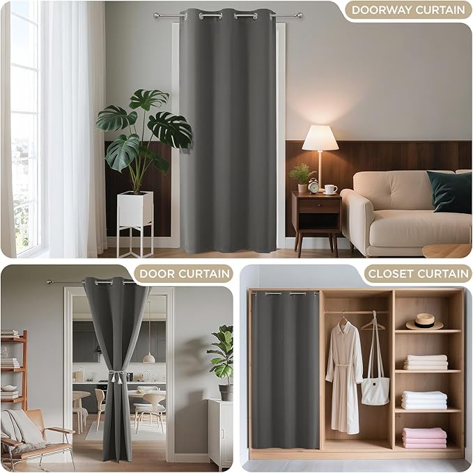 Joydeco Blackout Door Curtain for Doorway Privacy 90 Inches Long, Grommet Closet Curtain for Open Closet, Room Divider for Bedroom Living Room (Light Grey, 52Wx90L, 1 Panel)