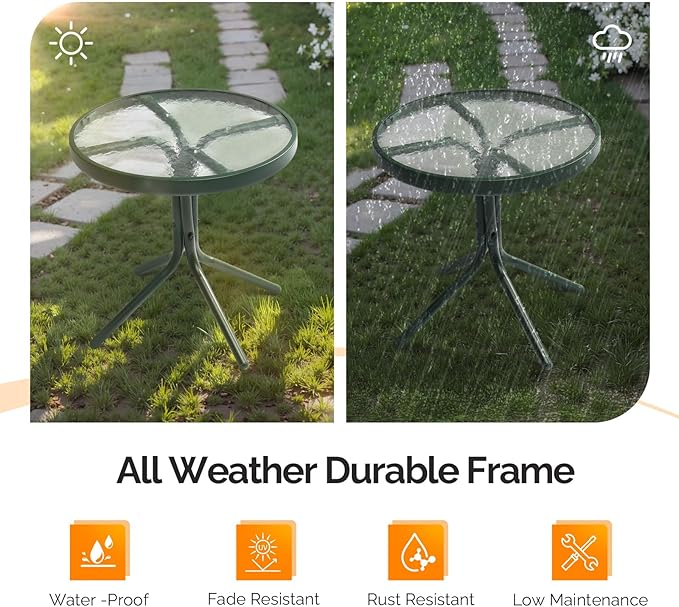 VINGLI Outdoor Side Table, 18" Patio Table Steel Frame Tempered Glass Top, Weatherproof Small Tables for Balcony Garden Poolside (Green, Round)