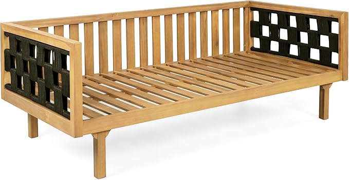 Christopher Knight Home Rosie Acacia Wood Outdoor Daybed Sofa with Water-Resistant Cushion, Solid Wood Patio 3 Seater Sofa Couch, Patio Garden Lounge Sofa with Woven Rope Accent, Black+Teak+Dark Gray