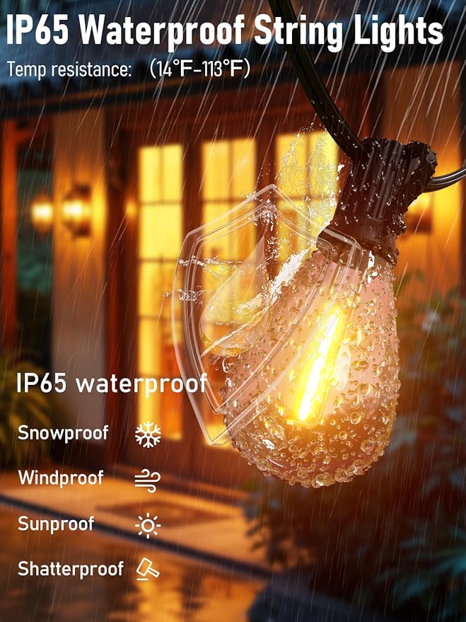 luckystyle 100FT LED Outdoor String Lights with Remote, 35+ 1 Shatterproof Bulbs Waterproof and Dimmable Patio Lights for Porch, Garden, Backyard, Deck, Balcony, 2200K Hanging Lighting