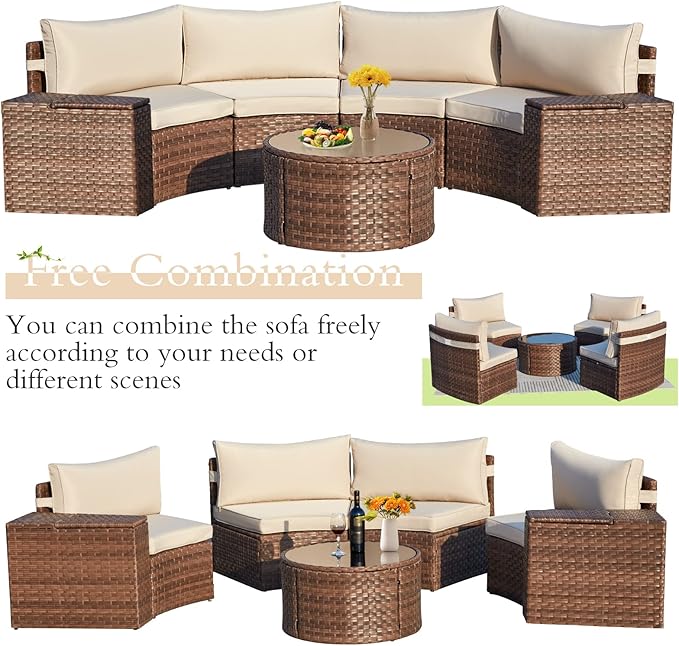 ECOTOUGE 7 Piece Patio Furniture Sets, Half-Moon Circle Conversation Set, Curved Wicker Outdoor Sectional with 2 Storage Armrests and Glass Coffee Table, Garden Balcony and Backyard (Beige)