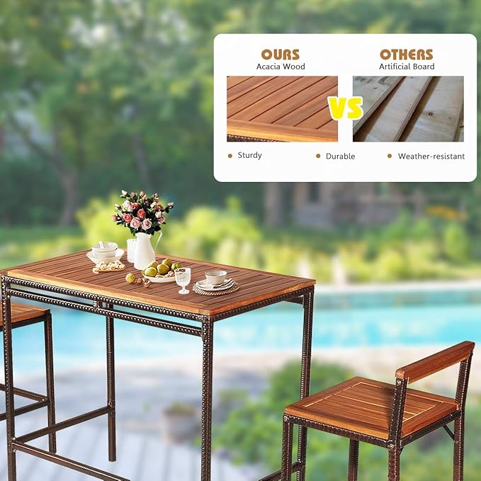 HAPPYGRILL 3 Pieces Outdoor Wicker Rattan Bar Set, Acacia Wood Patio Dining Furniture Set with 2 Chairs for Poolside Backyard Patio Balcony