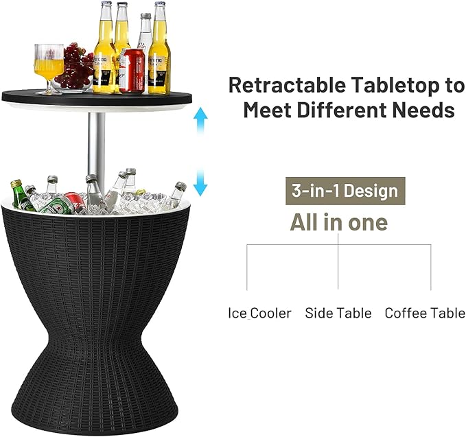 Tangkula Outdoor Cool Bar Table, Rattan Patio 8 Gallon Beer and Wine Cooler, All-Weather Ice Bucket w/Height Adjustable Top, Drainage Plug, 3-in-1 Cocktail Coffee Table for Party, Picnic (Black)