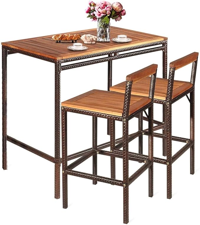 HAPPYGRILL 3 Pieces Outdoor Wicker Rattan Bar Set, Acacia Wood Patio Dining Furniture Set with 2 Chairs for Poolside Backyard Patio Balcony