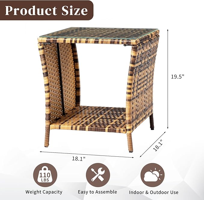 VINGLI Outdoor Wicker Side Table Patio Side Tables for Outside, Tempered Glass Top Wicker Table with Storage End Table for Balcony Porch Deck (Natural)