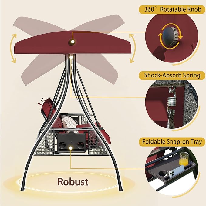 3-in-1 Convertible Outdoor Swing for Adults, Outdoor Porch Swing with Stand 800lb Bearing Capacity, 3-Seat Outdoor Swing with Canopy Adjustable, Thickened Cushions (Square, Wine Red)