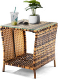 VINGLI Outdoor Wicker Side Table Patio Side Tables for Outside, Tempered Glass Top Wicker Table with Storage End Table for Balcony Porch Deck (Natural)