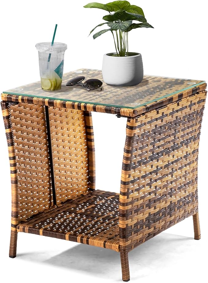 VINGLI Outdoor Wicker Side Table Patio Side Tables for Outside, Tempered Glass Top Wicker Table with Storage End Table for Balcony Porch Deck (Natural)