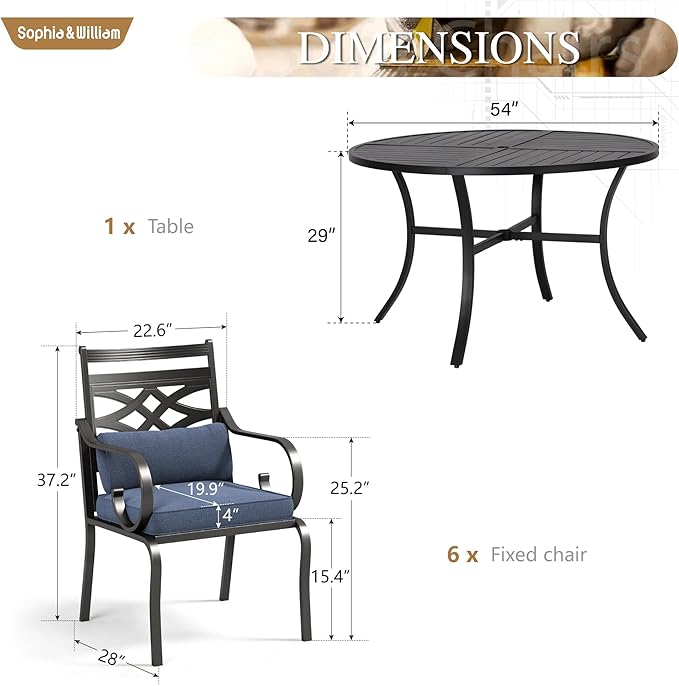 Sophia and William Patio Dining Set for 6, Outdoor Table and Chairs, Removable Seat Cushions, Black 54" Round Patio Dining Table,Blue
