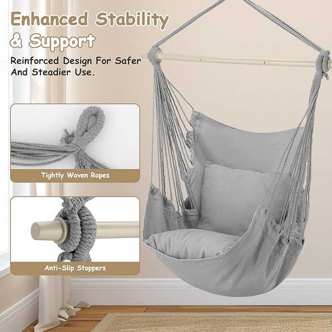 Athena Collection Hammock Chair Hanging Rope Swing Chair with 2 Cushions, Max 350 Lbs, Hanging Macrame Chair with Anti-Slip Grooves Spreader Bar and Pocket for Outdoor Indoor Patio Yard, Gray