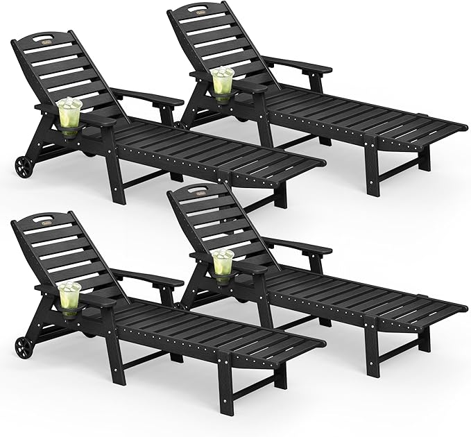 Lounge Chair Outdoor Set of 4 with Wheels, Adjustable 5-Position Chaise Lounge Outdoor, Patio Lounge Chair for Poolside Backyard, Black