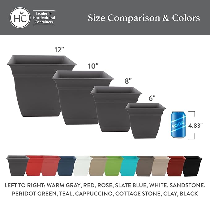 The HC Companies Eclipse Square Plastic Planter w/Attached Saucer - Outdoor & Indoor Plant Pot with Drainage Holes - Lightweight, UV-Resistant Plastic Pots for Plants (6" Cappuccino, Pack of 1)