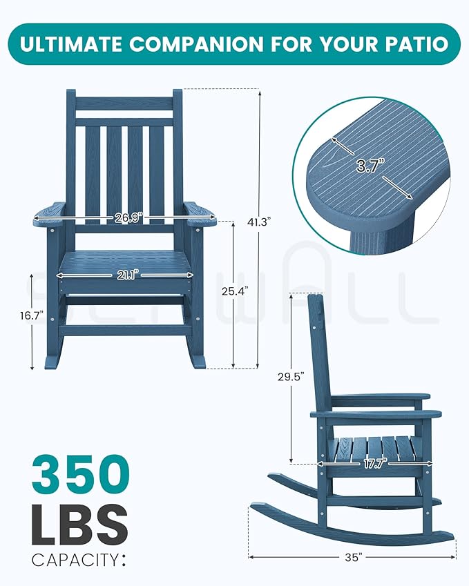 SERWALL Oversized Outdoor Rocking Chair Set of 2, HDPE Rocker for Adults, Patio Rocking Chairs for Porch, Blue