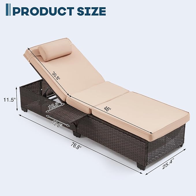 Outdoor Lounge Chairs, Pool Lounge Chairs Set of 2, Outdoor Chaise Lounge with Adjustable Backrest & Cup Holder,Khaki Cushiom