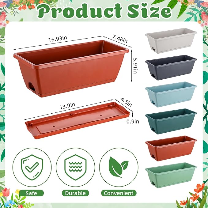 18 Pack Window Box Planter 17 Inches Rectangular Vegetable Flower Planters with Drainage Holes and Saucers Plastic Flower Pots Coloful Herb Planter for Indoor Outdoor Patio Garden Home Decor
