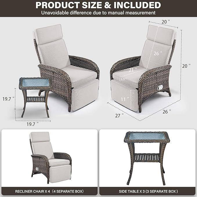 Belord 7 Piece Wicker Patio Furniture Set - 4 Adjustable Outdoor Recliner Chairs with 3 Side Table Patio Conversation Set,155° Lay Flat Chaise Lounge Chair Outdoor for Pool Deck Brown
