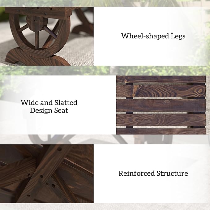 Outsunny 2-Person Wooden Garden Bench, Outdoor Wagon Wheel Porch Bench for Backyard Garden, Support 550 LBS, Rustic Country Style Patio Furniture, Brown