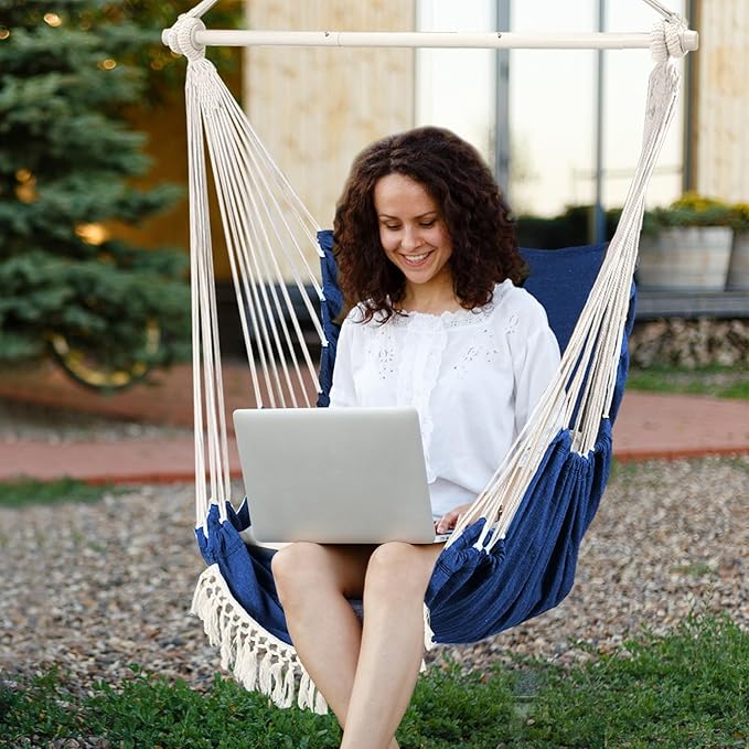 Chihee Hammock Chair Hanging Chair with Foot Rest 2 Cushions Max 500lbs Robust Metal Spreader Bar Collapsible Easy Storage Soft Cotton Swing Chair Strong Strap Iron Carabiner Side Pocket Included