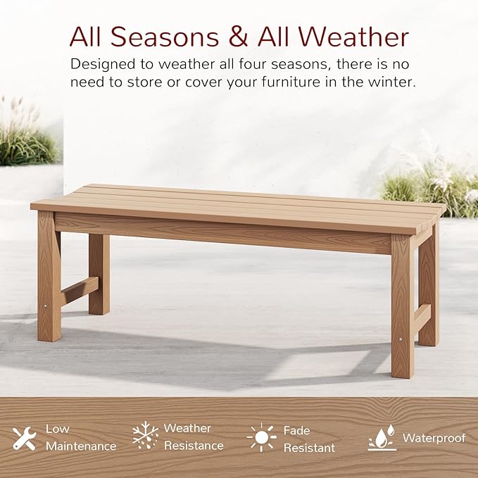 Stoog Outdoor Bench, 2-Person Patio Backless Bench with 800 lbs Weight Capacity, All-Weather HIPS Garden Bench, Enteyway Bench, Never Rot or Fade, Teak