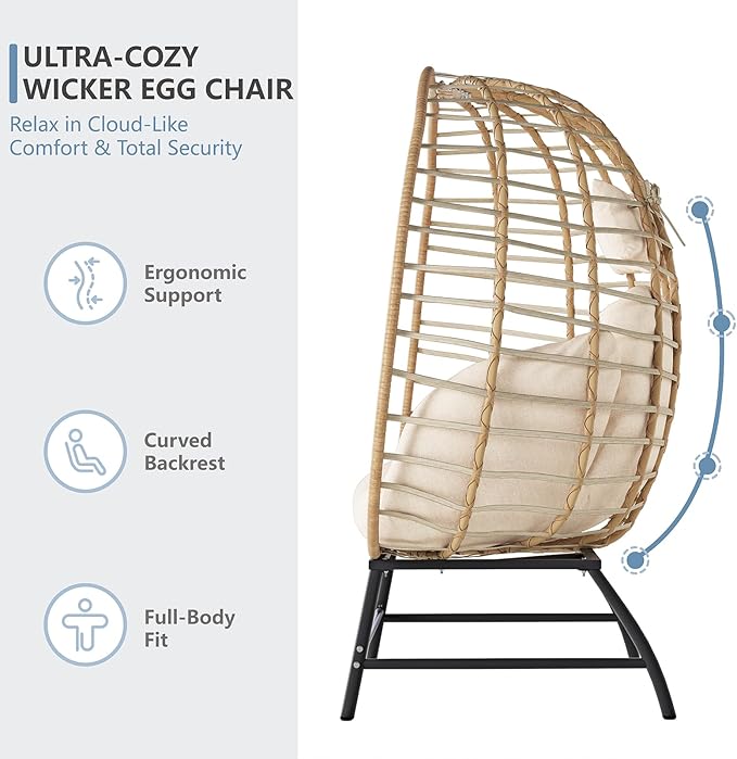 SWITTE Double Wicker Egg Chair Outdoor, Indoor 2-Person Papasan Loveseat with Thick Cushions, Oversized Patio Lounge Chair, 680 lbs Capacity for Balcony, Porch, Backyard-Beige