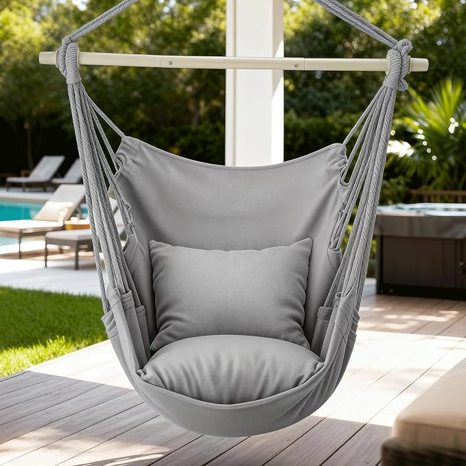 MoNiBloom Hammock Chair Hanging Rope Swing w/2 Cushions, Boho Macrame Hanging Chair Max 350 lbs Capacity w Pocket, Hardware Kit Included, Gray