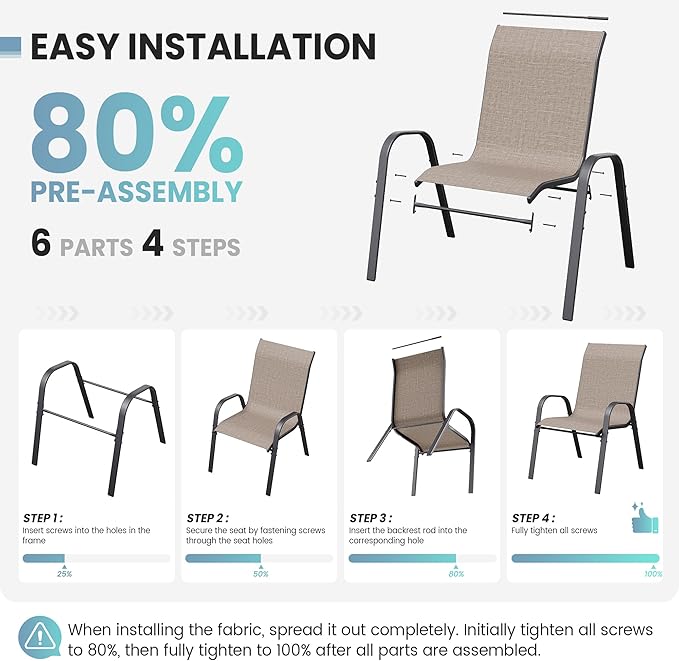 Patio Dining Chairs Set of 2, Outdoor Stackable Chairs, Breathable Seat and Alloy Steel Frame Fit for Backyard,Garden,Porch, Lawn，Poolside (Light Brown)