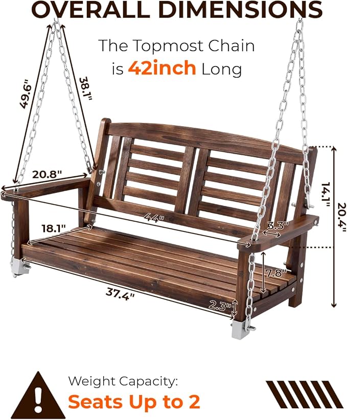 Outvita Wooden Porch Swing, Outdoor Patio Swing, 44" Swing Bench with Hanging Chains and Reclined Backrest for Deck, Garden,Yard, Balcony, Room 600 lbs Capacity Fir Wood (Carbonized Color)