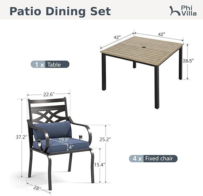 PHI VILLA 5 Pieces Outdoor Dining Set for 4, 42" Square Brown Metal Table with Umbrella Hole & Wrought Iron Chairs, All Weather Outside Furniture with Blue Cushions & Pillows for Patio, Deck, Porch