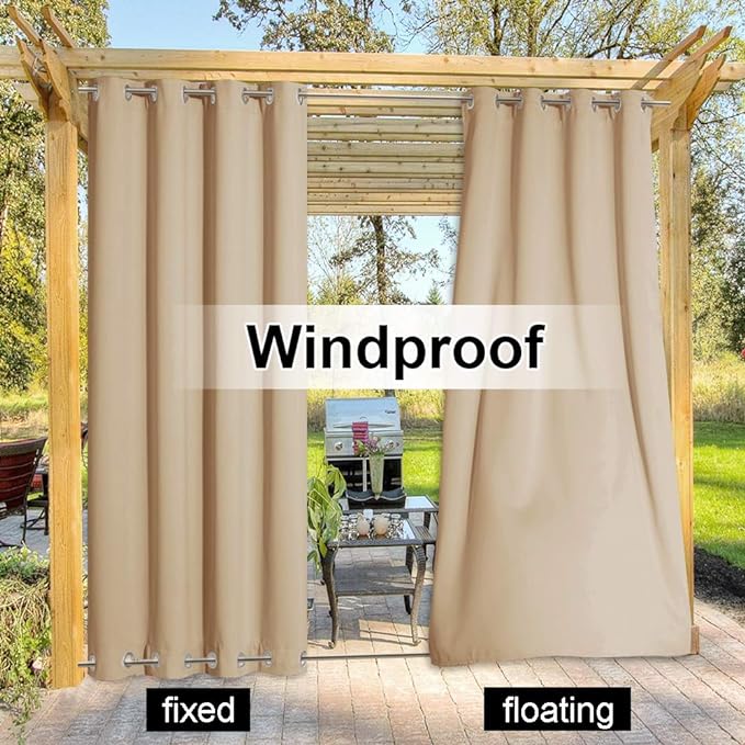 NICETOWN Outdoor Curtain for Patio Waterproof, Sunlight Block Rustproof Grommet Top and Bottom Windbreak, Thick Enough Protect You from Sun/Rain for Deck, Biscotti Beige, W84 x L108, 1 Piece