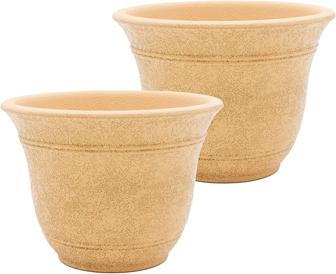 The HC Companies Sierra Round Self-Watering Pot - Lightweight Plastic Planter for Herbs & More - Durable Plant Pots for Indoor Plants & Outdoor Plants (16” Arizona Sand, Pack of 2)