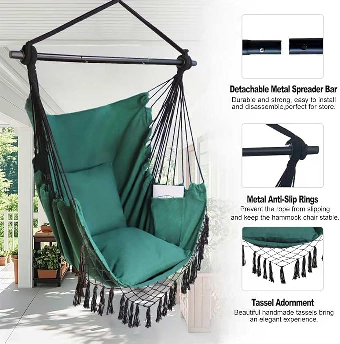 Hammock Chair Hanging Rope Swing Chair,Max 450 Lbs, Large Hanging Chair with Pocket, 2 Cushions, Removable Steel Bar, Hardware Kit Included, Superior Comfort for Indoor Outdoor (Dark Green)