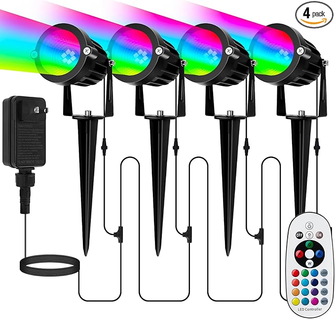Elenora Christmas Spotlights Outdoor, All-in-ONE RGBW Halloween Spot Lights with Remote, 6W 24V Plug-in Color Changing Low Voltage Landscape Lighting Kit with IP65 Waterproof for Yard Garden, 4 Pack
