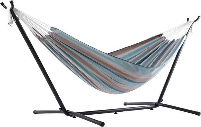 Vivere Brazilian Style Sunbrella Double Hammock with Steel Stand, Gateway Mist