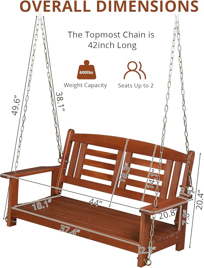 Outvita Porch Swing, 44" Swing Bench with Hanging Chains and Reclined Backrest for Deck, Garden,Yard, Balcony, Room 600lbs Capacity Fir Wood