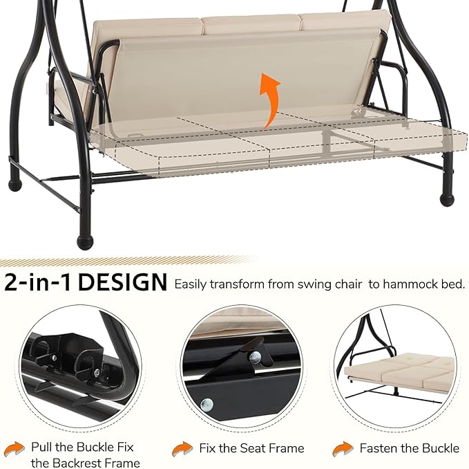 U-MAX Porch Swing with Cover, Patio Swing with Adjustable Backrest&Canopy 3 Seat Outdoor Swing with Canopy 2-in-1 Convertible Patio Daybed with Removable Beige Cushions
