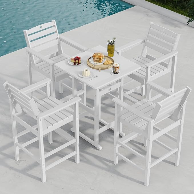 Patio Bar Table,Adirondack Chairs and Table 2 Pieces Set, Bar Height Chairs Set of 2, Outdoor Bar Stools Set,Weather-Resistant Outdoor Furniture for Deck, Balcony, Poolside Easy Assembly