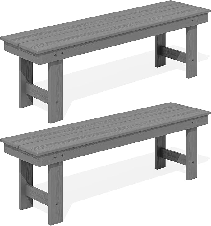 SERWALL 2-Person Outdoor Bench Backless, HDPE Outdoor Benches Weatherproof, 700 Lbs Weight Capacity, Poly Lumber Patio Furniture for Garden, Porch and Park, Grey, 2 Pack