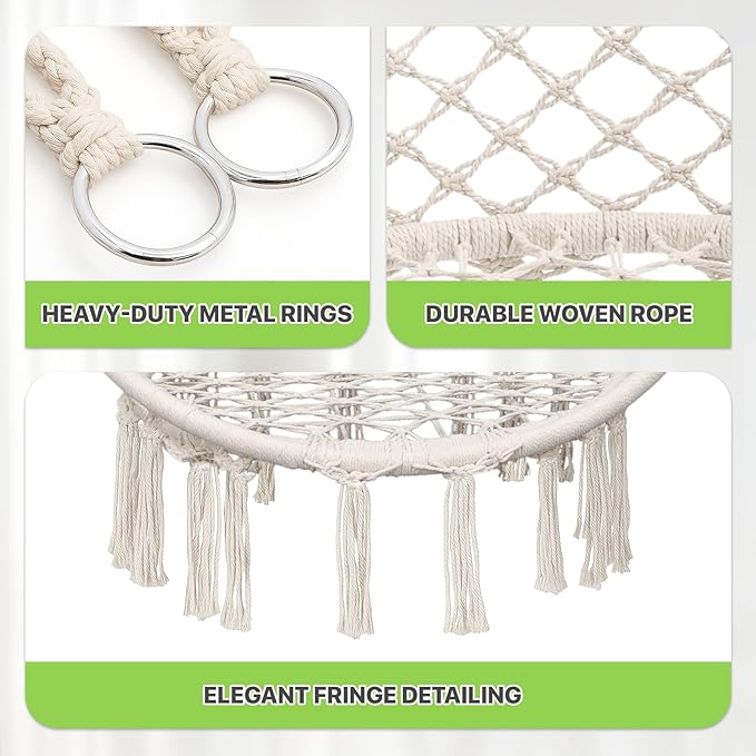 Magshion Hanging Hammock Chair with Comfy Cushion Offer Extra Support, Macrame Swing Chair Porch Hanging Chair, 350 Lbs Capacity, Perfect for Backyard Beach Relaxation and Enjoyment (Green and White