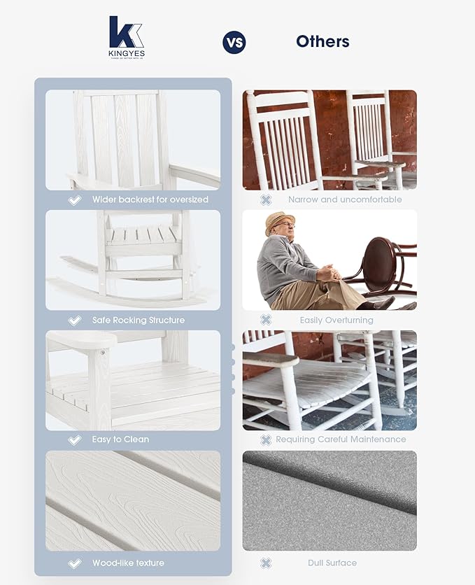 KINGYES Oversized Outdoor Rocking Chair Set of 6, All-Weather Patio Rocking Chairs for Porch, HDPE Outdoor Patio Rockers with High Back & Wide Seat for Garden, Lawn, White