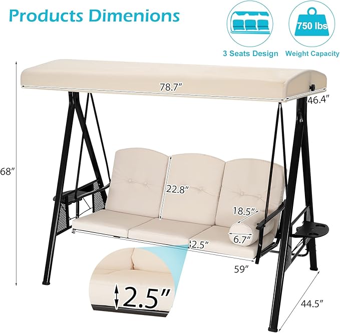 AECOJOY Outdoor Porch Swing with Cover, 3-Seat Patio Swings with Adjustable Canopy, Outside Swing for Adult with Beige Removable Cushions for Backyard, Garden, Yard, Poolside, Balcony
