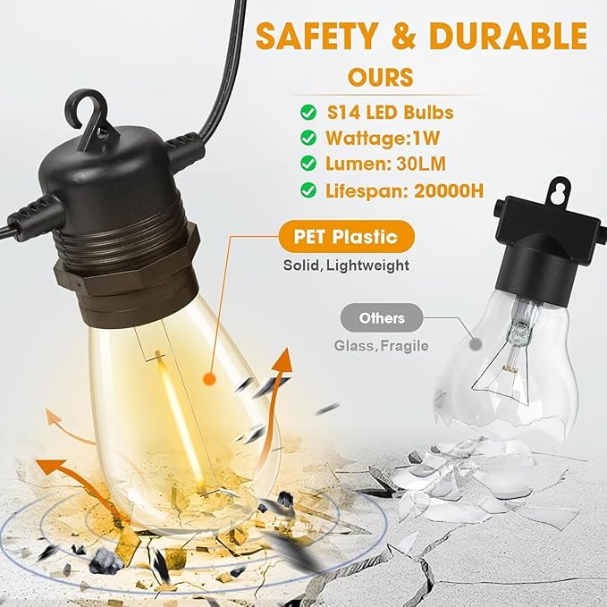 LED Outdoor String Lights 36FT Patio Lights with 13 Shatterproof S14 Replaceable Bulbs(1 Spare), Outside Hanging Lights Waterproof for Porch, Deck, Garden, Backyard, Balcony, 2700K Dimmable