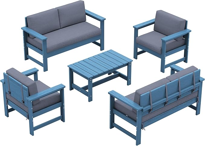 SERWALL 5 Pieces HDPE Outdoor Sofa Set with Cushions, All Weather Couch Conversation Set, Loveseat Social Furniture Chairs with Coffee Table, Blue Frame with Grey Cushions