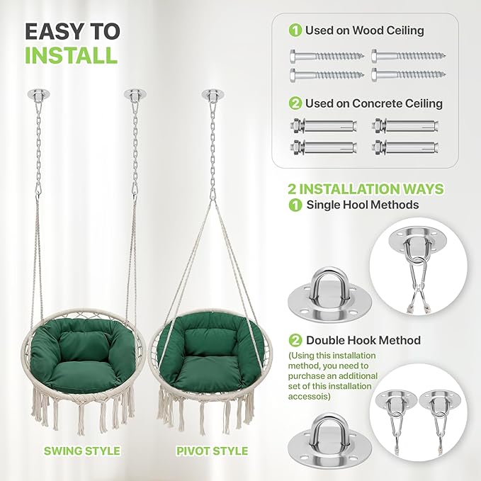 Magshion Hanging Hammock Chair with Comfy Cushion Offer Extra Support, Macrame Swing Chair Porch Hanging Chair, 350 Lbs Capacity, Perfect for Backyard Beach Relaxation and Enjoyment (Green and White