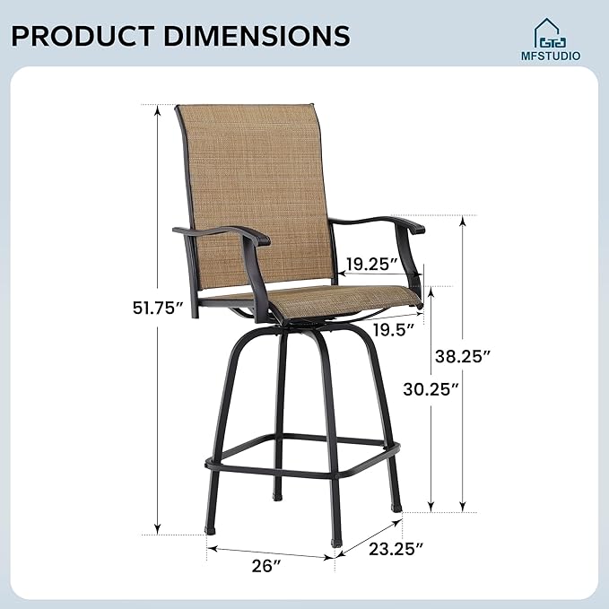 MFSTUDIO Outdoor Bar Stools Set of 4, Swivel Bar Height Patio Chairs Outdoor Barstools High Top Patio Swivel Bar Chairs, Breathable Textilene