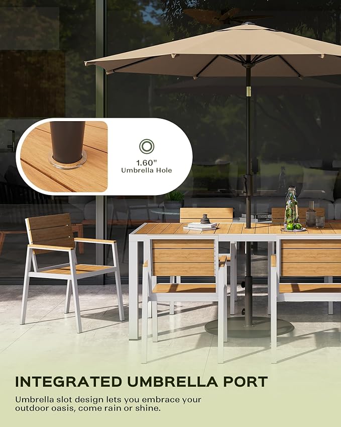 67" HDPS Outdoor Patio Dining Table, Aluminum-Edged Outdoor Dining Table with Umbrella Hole, Weather-Resistant for Lawn, Garden, Poolside and Indoor Use, White & Teak