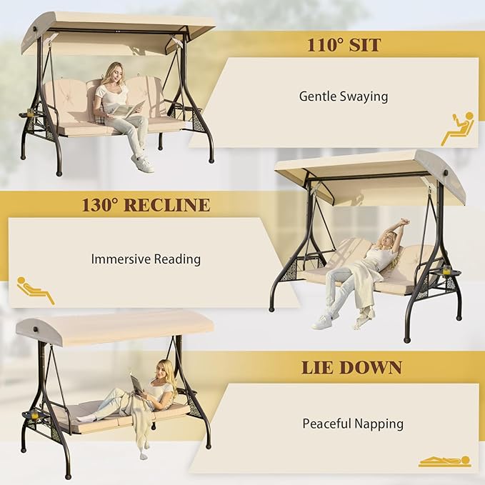 3-in-1 Convertible Outdoor Swing for Adults, Outdoor Porch Swing with Stand 800lb Bearing Capacity, 3-Seat Outdoor Swing with Canopy Adjustable, Thickened Cushions (Round, Khaki)