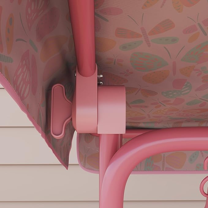 Qaba Kids Patio Swing, 2-Seater Outdoor Porch Swing Chair with Adjustable Canopy, Safety Belt, Pink Butterfly Pattern Hanging Swing Bench for Garden, Backyard, Pink