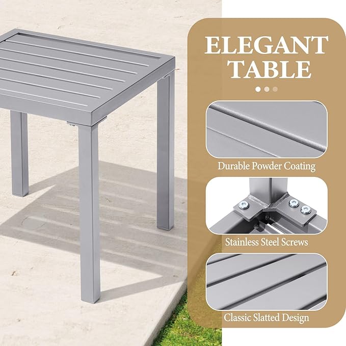 Crestlive Products Outdoor Side Table, Small Square Metal End Table Easy Assembly & Weather Resistant Pool Side Tables for Patio Balcony（Light Gray