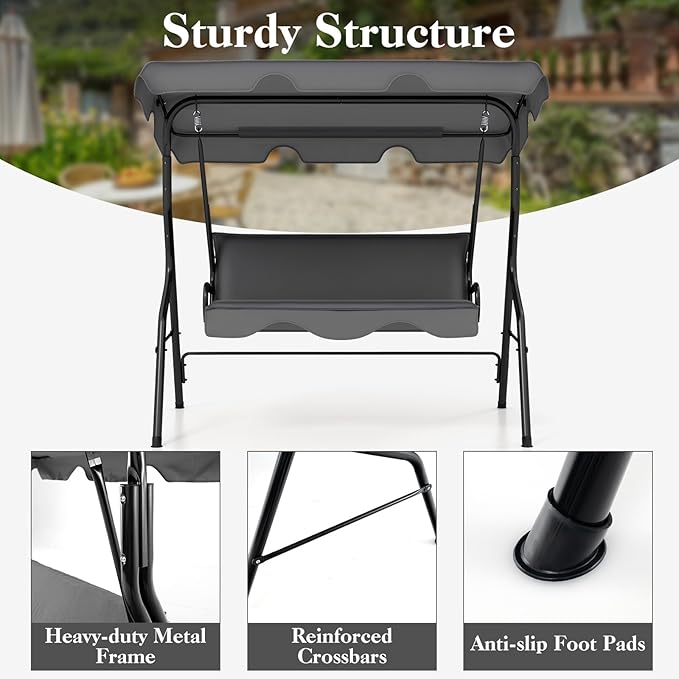 Porch Swing Outdoor, 3 Person Patio Swing w/Removable Cushion, Stand & Adjustable Canopy, Heavy Duty Swing Chair for Patio, Garden, Courtyard, Poolside
