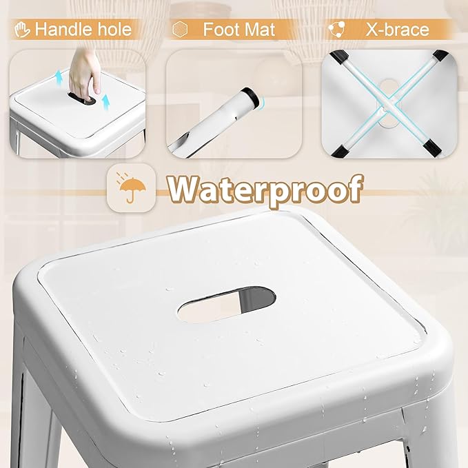 Furmax 30 Inch Metal Bar Stools Set of 4, Counter Height Backless Stools, Industrial Bar Chairs Patio Stool Stackable Backless Stool for Kitchen/Dining Room/Bistro Indoor Outdoor (Distressed White)
